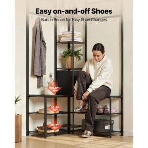 corner hall tree with shoe bench, 70.9 in coat rack with hooks and steel frame, freestanding clothes shoes rack storage organizer with anti tip set, for entrance, closet, office, rustic brown