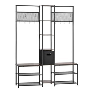 Corner Hall Tree with Shoe Bench, 70.9 in Coat Rack with Hooks and Steel Frame, Freestanding Clothes Shoes Rack Storage Organizer with Anti-Tip Set, for Entrance, Closet, Office, Rustic Brown