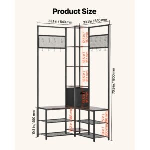 corner hall tree with shoe bench, 70.9 in coat rack with hooks and steel frame, freestanding clothes shoes rack storage organizer with anti tip set, for entrance, closet, office, rustic brown