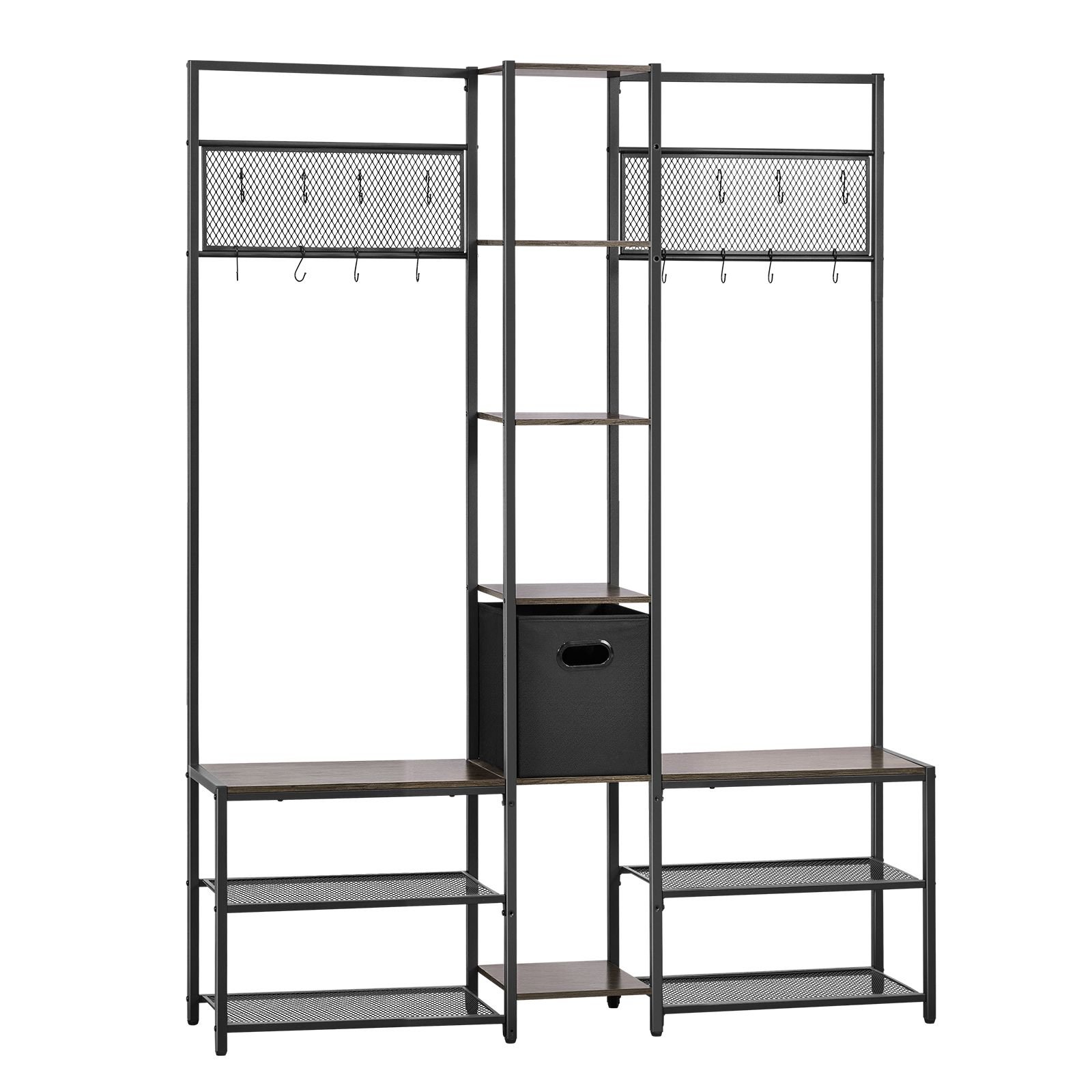 corner hall tree with shoe bench, 70.9 in coat rack with hooks and steel frame, freestanding clothes shoes rack storage organizer with anti tip set, for entrance, closet, office, rustic brown