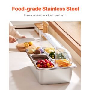 countertop food serving display container, 6 pan stainless steel food serving tray, buffet condiment dispenser display rack with clear lid & 3 freezer boxes, for restaurant hotel kitchen party