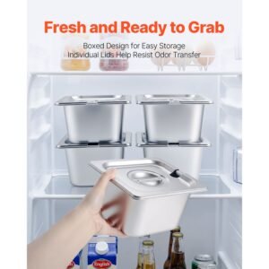 countertop food serving display container, stainless steel food salad server tray, buffet condiment dispenser, ice cooled rack with separate lid, for restaurant, hotel, party (6x1/6 pan)
