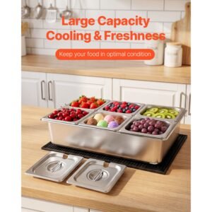 countertop food serving display container, stainless steel food salad server tray, buffet condiment dispenser, ice cooled rack with separate lid, for restaurant, hotel, party (6x1/6 pan)