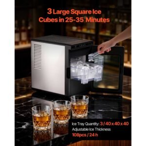 countertop ice maker, 22 lbs per day, self cleaning portable machine with tong, drawer style ice access, ice making machine with large square cubes, for home, kitchen, office, bar & party
