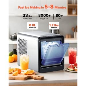 countertop ice maker, 33 lbs per day, self cleaning portable machine with scoop, drawer style ice access, nugget ice making machine with chewable ices for home, kitchen, office, bar & party