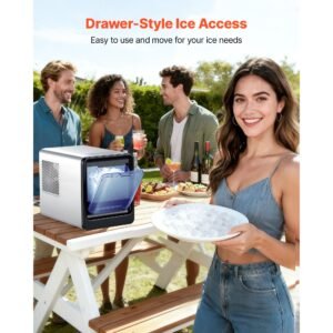 countertop ice maker, 33 lbs per day, self cleaning portable machine with scoop, drawer style ice access, nugget ice making machine with chewable ices for home, kitchen, office, bar & party