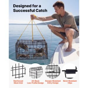 crab trap, 2 packs, 24.4x24.4x11.8 inch heavy duty large crab pot trap for dungeness, black pvc coated wire mesh for stealth, with gauge, red/white float, 100ft leaded core rope, and gloves