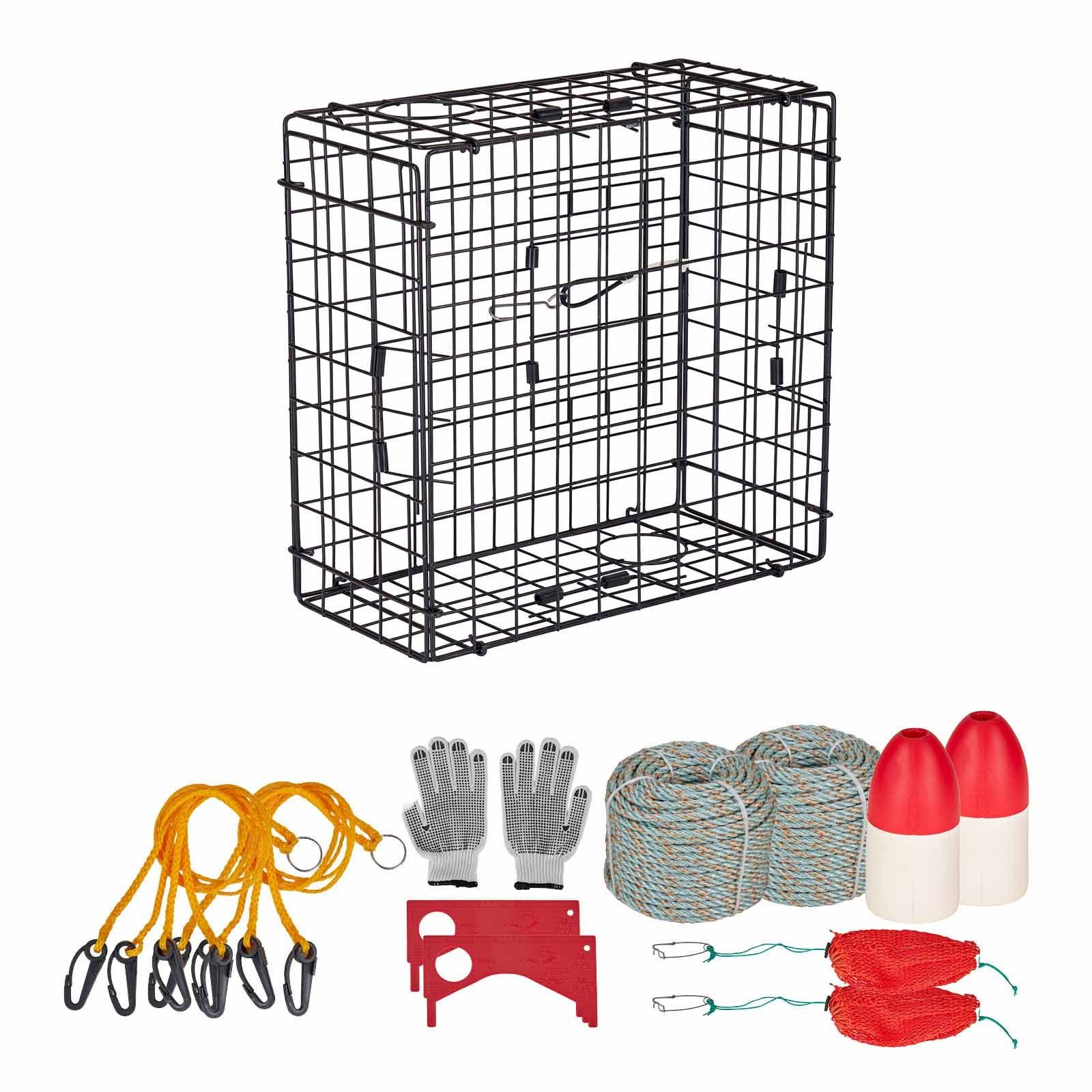 crab trap, 2 packs, 24.4x24.4x11.8 inch heavy duty large crab pot trap for dungeness, black pvc coated wire mesh for stealth, with gauge, red/white float, 100ft leaded core rope, and gloves