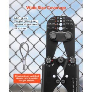 crimping tool, 3/64" 1/8" steel wire rope crimper, with clear metric and imperial markings, adjustable force, crimp pliers for aluminum oval and dual sleeves, and annealed copper sleeves