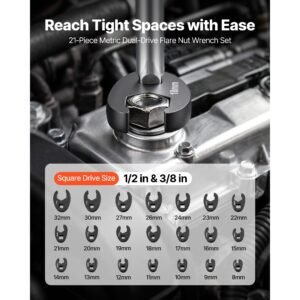 crowfoot wrench set, 1/2" and 3/8" drive, 21 piece metric dual drive flare nut crows foot wrenches, with storage case, dual size markings on tools and case, for maintenance