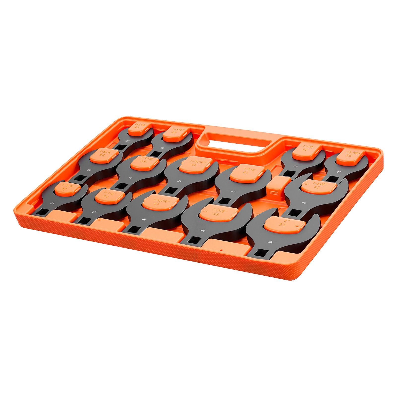 crowfoot wrench set, 1/2" drive, 14 piece metric 27 to 50 mm crows foot wrenches, with storage tray, dual size markings on tools and tray, for auto maintenance or repairs