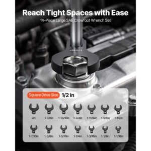 crowfoot wrench set, 1/2" drive, 14 piece sae 1 1/16" to 2" crows foot wrenches, with storage tray, dual size markings on tools and tray, for auto maintenance or repairs