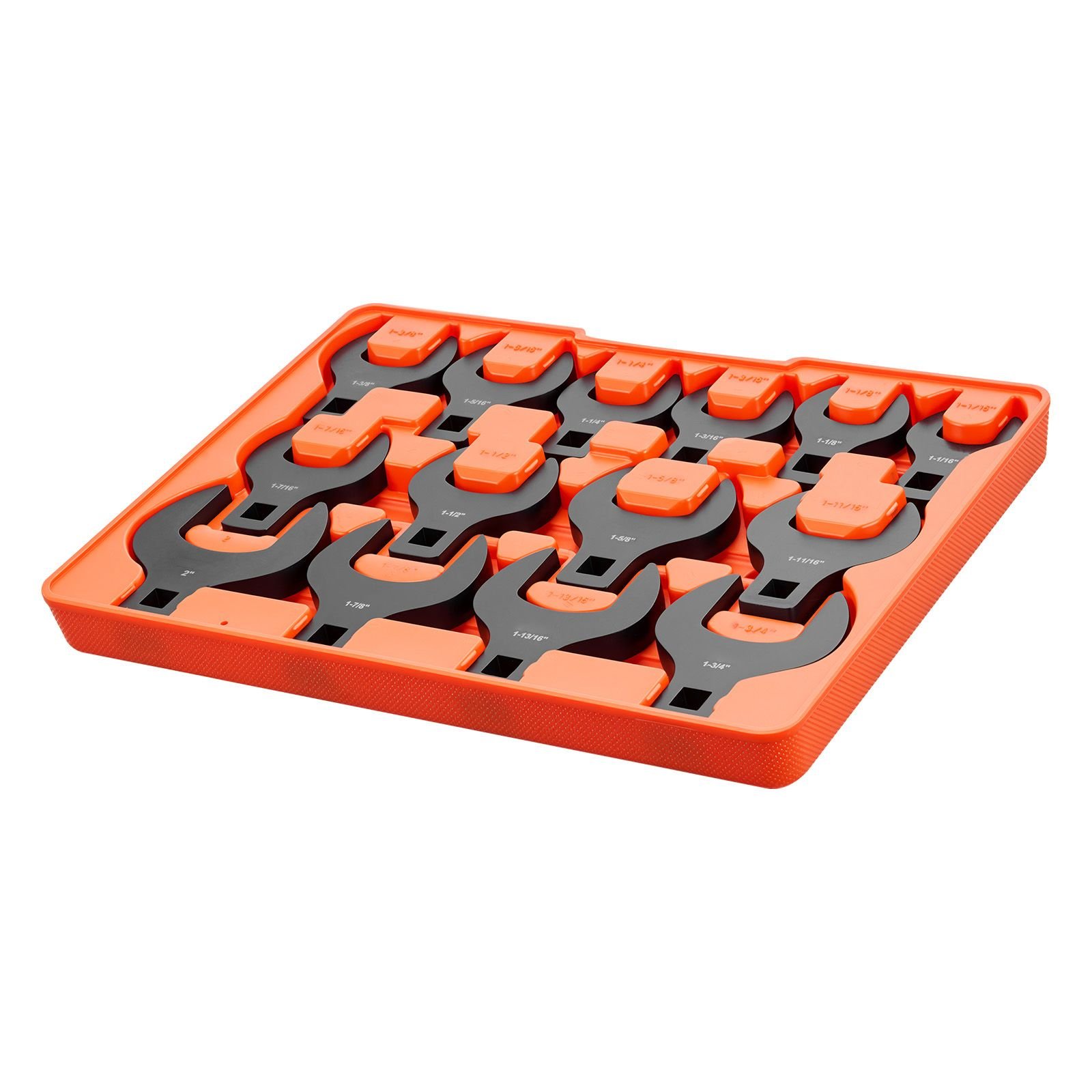 crowfoot wrench set, 1/2" drive, 14 piece sae 1 1/16" to 2" crows foot wrenches, with storage tray, dual size markings on tools and tray, for auto maintenance or repairs