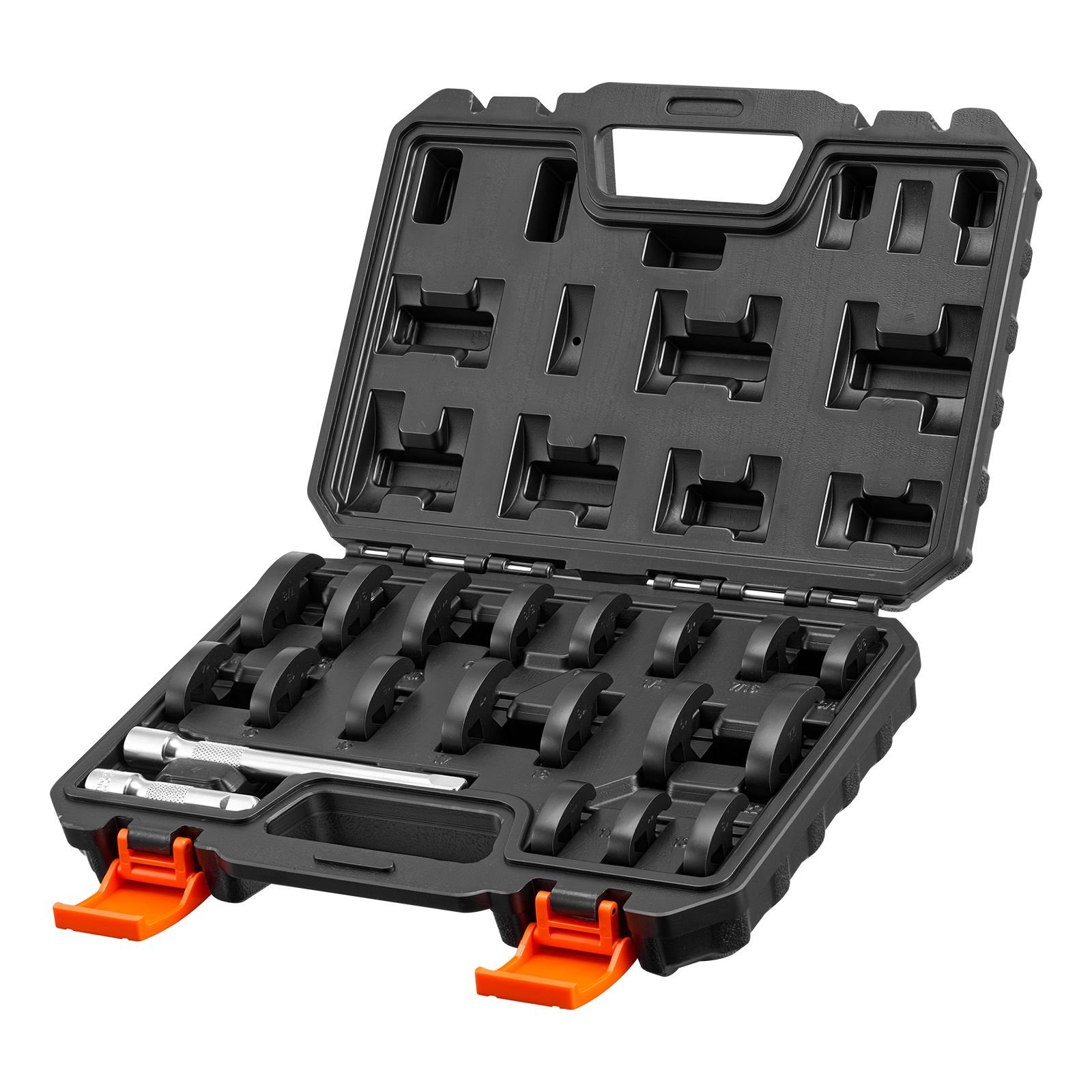 crowfoot wrench set, 3/8" drive, 20 piece metric and sae size flare nut crows foot wrenches, with storage case, dual size markings on tools and case, for auto maintenance
