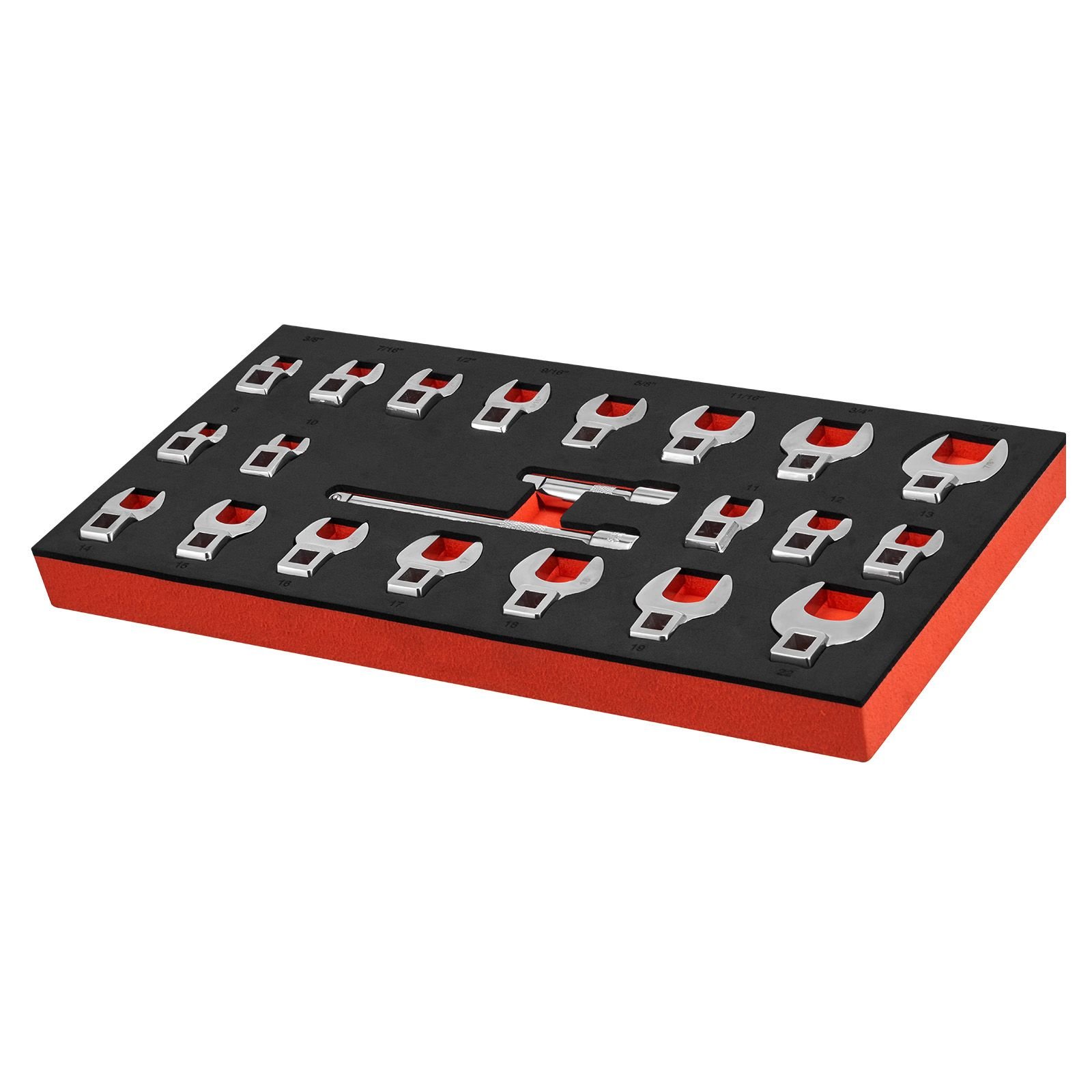crowfoot wrench set, 3/8" drive, 22 piece metric and sae size crows foot wrenches, cr mo alloy steel, with storage tray, dual size markings on tools and tray, for auto maintenance or repairs