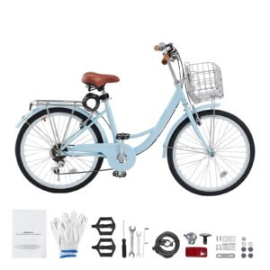 Cruiser Bike, 7-Speed, 24-Inch Light Blue Beach Cruiser Bike with Large Capacity Basket and Rear Rack, Secure & Sturdy Cruiser Bike with Adjustable Seat, Fits for Cycling, Exercise & Shopping