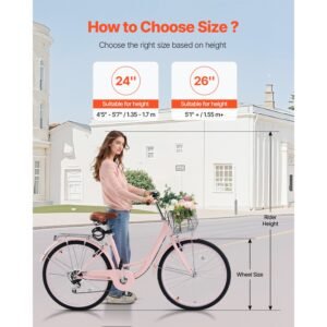 cruiser bike, 7 speed, 26 inch pink beach cruiser bike with large capacity basket and rear rack, secure & sturdy cruiser bike with adjustable seat, fits for cycling, exercise & shopping