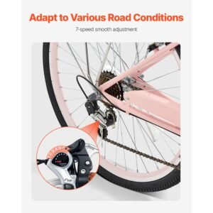 cruiser bike, 7 speed, 26 inch pink beach cruiser bike with large capacity basket and rear rack, secure & sturdy cruiser bike with adjustable seat, fits for cycling, exercise & shopping