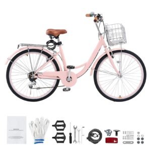 Cruiser Bike, 7-Speed, 26-Inch Pink Beach Cruiser Bike with Large Capacity Basket and Rear Rack, Secure & Sturdy Cruiser Bike with Adjustable Seat, Fits for Cycling, Exercise & Shopping