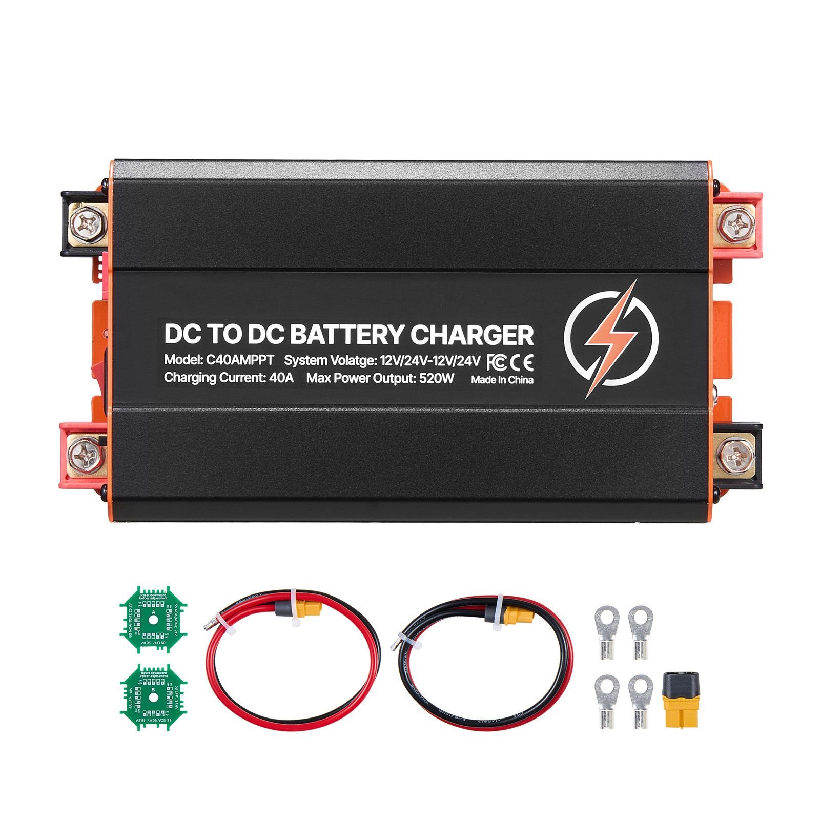 dc to dc charger with mppt, 520w, 40a on board battery charger, solar panel/alternator dual input, smart multi stage charging for lifepo4 lead acid batteries, 12v/24v 12v/24v, for rv home backup
