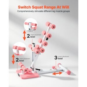 deep squat machine, adjustable glutes trainer machine with 3 high strength resistance bands, folding core leg and glutes exercise trainer, push up workout equipment at home gym, pink + white