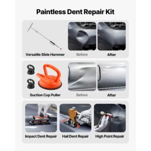 dent puller kit, 100 pcs paintless dent removal kit with golden lifter, bridge puller, slide hammer t bar, glue gun, auto body hail damage remover tools for car refrigerator door ding repair