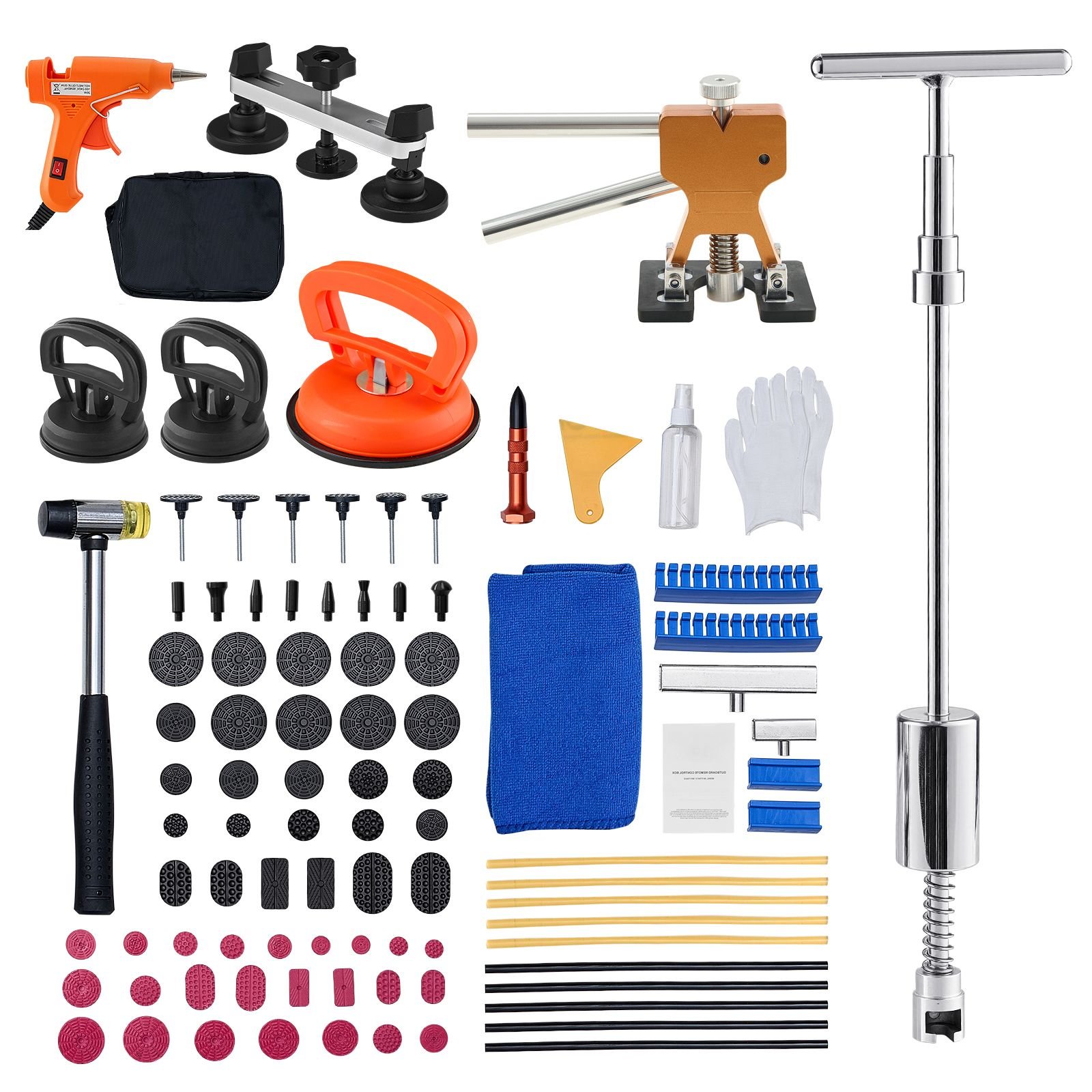 dent puller kit, 100 pcs paintless dent removal kit with golden lifter, bridge puller, slide hammer t bar, glue gun, auto body hail damage remover tools for car refrigerator door ding repair