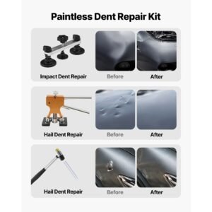 dent puller kit, 60 pcs paintless dent removal kit with golden lifter, bridge puller, rubber hammer, glue gun, auto body hail damage repair remover tools for car refrigerator door ding repair