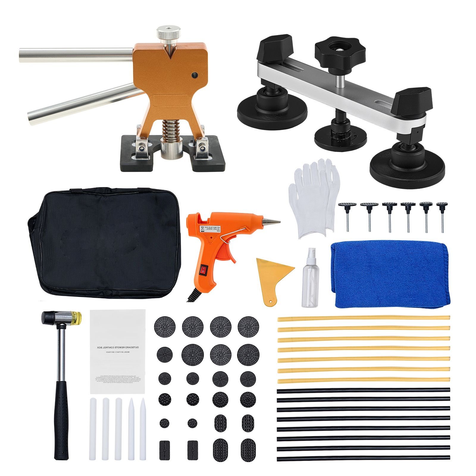 dent puller kit, 60 pcs paintless dent removal kit with golden lifter, bridge puller, rubber hammer, glue gun, auto body hail damage repair remover tools for car refrigerator door ding repair