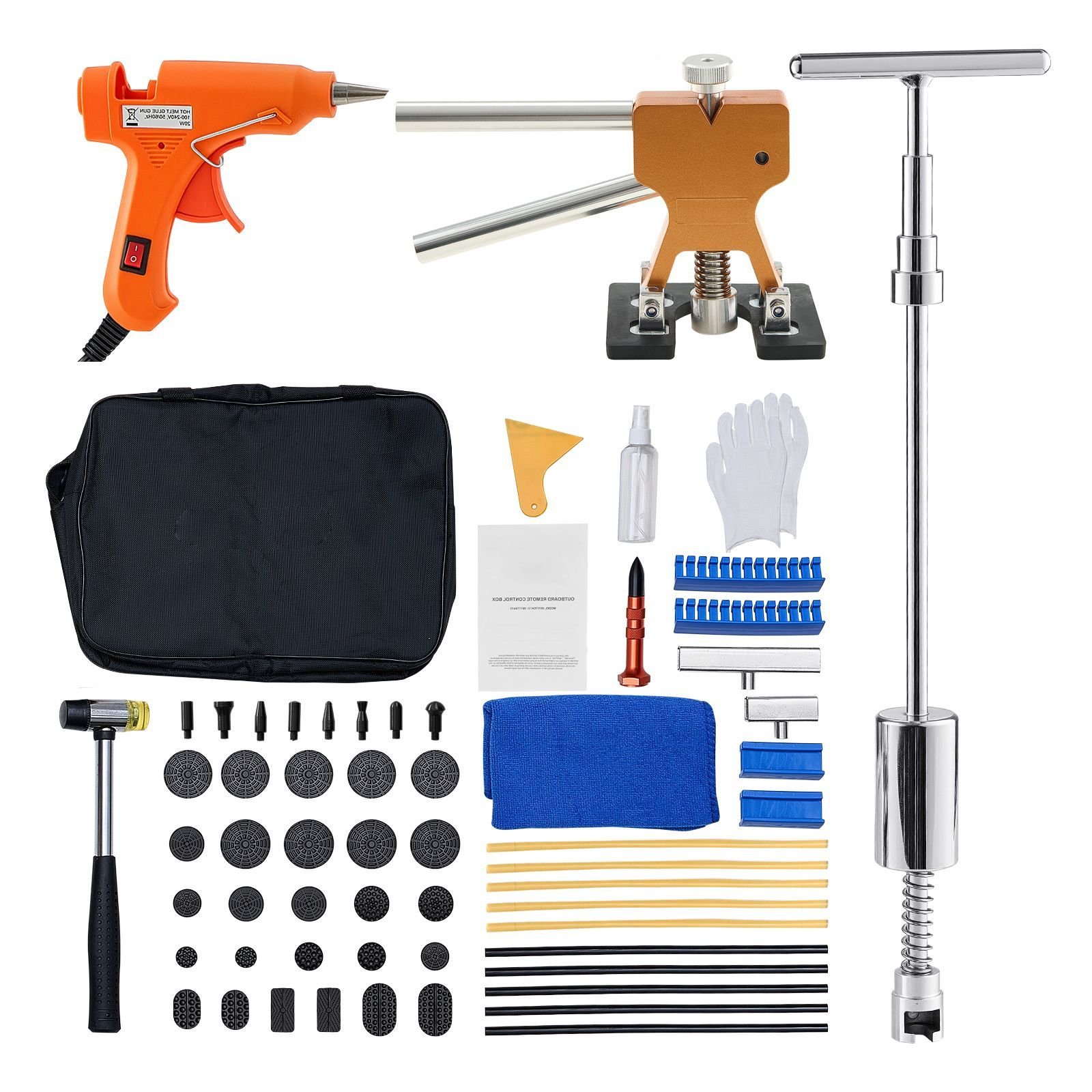 dent puller kit, 61 pcs paintless dent removal kit with golden lifter, slide hammer t bar, glue gun, auto body hail damage repair remover tools for car refrigerator large small door ding repair