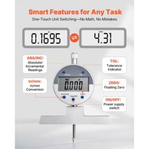 depth gauge, depth micrometer digital electronic indicator 0 22 inch measuring range, 0.0005" resolution, precision unit conversion with 4 anvils, measuring tool for groove, step, hole