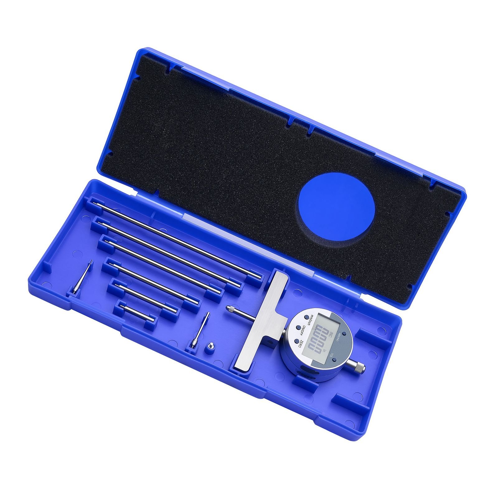 depth gauge, depth micrometer digital electronic indicator 0 22 inch measuring range, 0.0005" resolution, precision unit conversion with 4 anvils, measuring tool for groove, step, hole