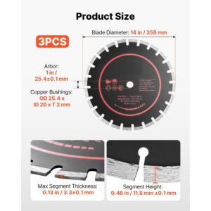 diamond blades 14 inch, 3 pack concrete saw blade set, 1 in arbor, high hardness diamond segments, 65mn steel core, dry wet cutting, clean edges for concrete, masonry, brick, stone, granite