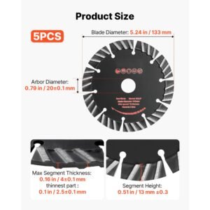 diamond blades 5.24 inch, 5 pack wall chaser saw blade cutting blade, 0.79 in arbor, high hardness diamond segments, 65mn steel core, dry wet cutting, clean edges for concrete brick stone cement