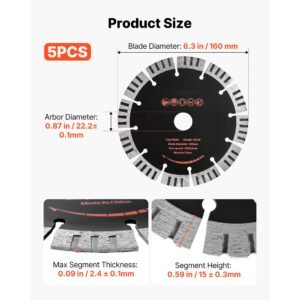 diamond blades 6.3 inch, 5 pack wall chaser saw blade cutting blade, 0.87 in arbor, high hardness diamond segments, 65mn steel core, dry wet cutting, clean edges for concrete brick stone cement