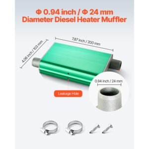 diesel heater muffler, 0.94 inch diesel heater muffler upgrade, parking heaters mufflers fit with 2 clamps and screws, aluminum alloy parking heaters noise reducer for 2kw 5kw 8kw heaters