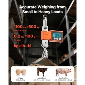 digital crane scale, 1100 lbs/500 kg max capacity, heavy duty industrial hanging scale with cast aluminum case & lcd display, 0.2 lbs division & 3 unit switch, auto off setting for garage