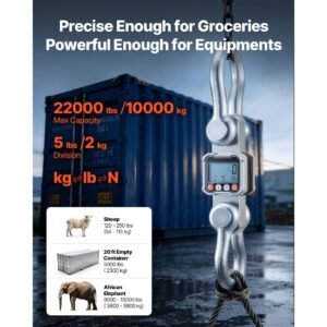 digital crane scale, 22000 lbs/10 t max capacity, heavy duty industrial hanging scale with cast aluminum case & lcd display, 5 lbs division & 3 unit switch, remote control for garage factory