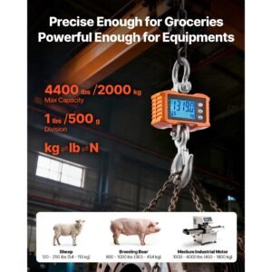 digital crane scale, 4400 lbs/2000 kg max capacity, heavy duty industrial hanging scale with cast aluminum case & lcd display, 1 lbs division & 3 unit switch, remote control for garage factory