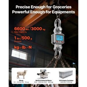 digital crane scale, 6600 lbs/3000 kg max capacity, heavy duty industrial hanging scale with cast aluminum case & lcd display, 1 lbs division & 3 unit switch, remote control for garage factory