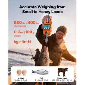 digital crane scale, 880 lbs/400 kg max capacity, handheld hanging scale with cast aluminum case & lcd display, 0.2 lbs division & 3 unit switch, auto off setting, orange