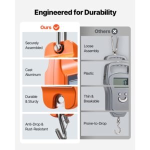 digital crane scale, 880 lbs/400 kg max capacity, handheld hanging scale with cast aluminum case & lcd display, 0.2 lbs division & 3 unit switch, auto off setting, orange