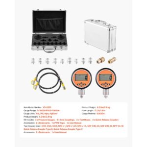 digital hydraulic pressure test coupling kit, 10000 psi pressure gauge manometer tester with 2 gauges, 9 test couplings, 2 quick release couplers, 2 hoses for excavator construction machinery