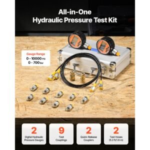 Digital Hydraulic Pressure Test Coupling Kit, 10000 PSI Pressure Gauge Manometer Tester with 2 Gauges, 9 Test Couplings, 2 Quick-Release Couplers, 2 Hoses for Excavator Construction Machinery
