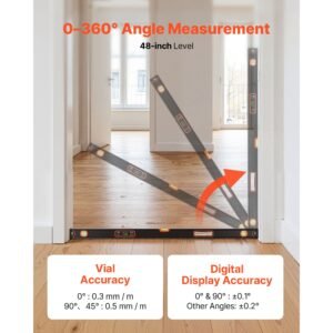 digital level, 48 in length, magnetic electronic level with led backlit display, 360° electronic leveler tool with 0°/45°/90° bubble vials, ip54 rating for construction carpentry home renovation