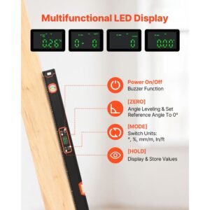 digital level, 48 in length, magnetic electronic level with led backlit display, 360° electronic leveler tool with 0°/45°/90° bubble vials, ip54 rating for construction carpentry home renovation