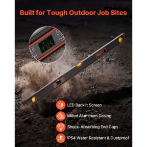 digital level, 48 in length, magnetic electronic level with led backlit display, 360° electronic leveler tool with 0°/45°/90° bubble vials, ip54 rating for construction carpentry home renovation