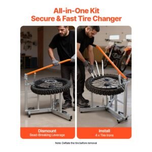 dirt bike and dual sport tire changer, fits for 16" 21" wheels, 15/17/20/25 mm axles, heavy duty dirt bike tire changing tool kit with bead breaker, irons, protective sleeves, and storage bag