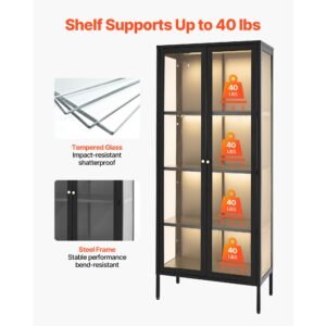 display cabinet with glass door, 66 in tall 4 tier lighted display case with 3 color lights, metal storage cabinet with 3 adjustable shelves, curio cabinet for collectibles figures trophy