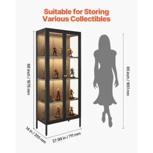 display cabinet with glass door, 66 in tall 4 tier lighted display case with 3 color lights, metal storage cabinet with 3 adjustable shelves, curio cabinet for collectibles figures trophy